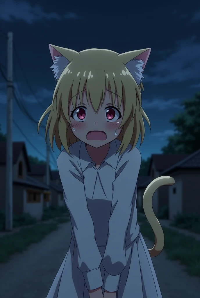 A beautiful anime-style fox girl with orange hair, angry expression, hurting herself, blood on her face, teary eyes basking in the rain, cityscape background, , rain effects, moody lighting,, cinematic composition, , dramatic atmosphere