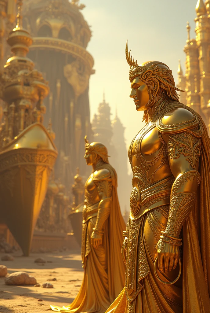 Two golden warriors, each holding a spear and a shield, standing guard on the rooftop. These statues are majestic, with detailed armor and poised in a battle-ready position, symbolizing the defense of Nalandangan.