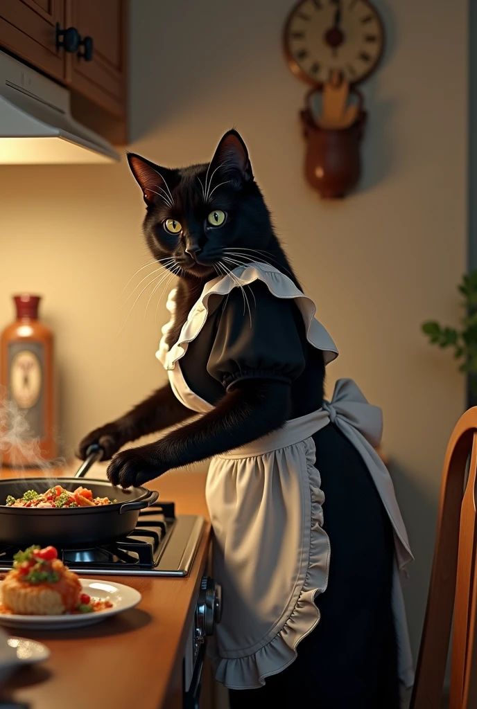 a black cat in maid outfit cooking on a stove in a dining kitchen, apron, delicious looking food on the table with steam rising, the cat turns back, surreal and funny scene of a pet cat behaving like a human, (best quality,4k,8k,highres,masterpiece:1.2),ultra-detailed,(realistic,photorealistic,photo-realistic:1.37),1 black cat, maid uniform, cooking, kitchen, dining room, food, steam, turning back, surreal, funny, anthropomorphic