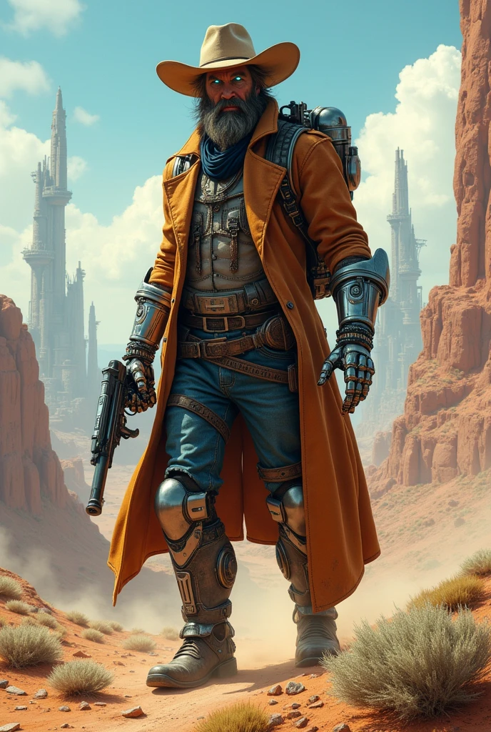 Masterpiece, highly detailed, best painting, futuristic tactical harness, Clint Eastwood , painting of futuristic, fighting off aliens on mars, blaster, dynamic angle, art, vivid details, colorful, complex, perfect face, beautiful lighting, red rocks, (dusty:0.8), solo, large breasts, [ western film ]  brown leather jacket, western film, western, western gunslinger, cowboy