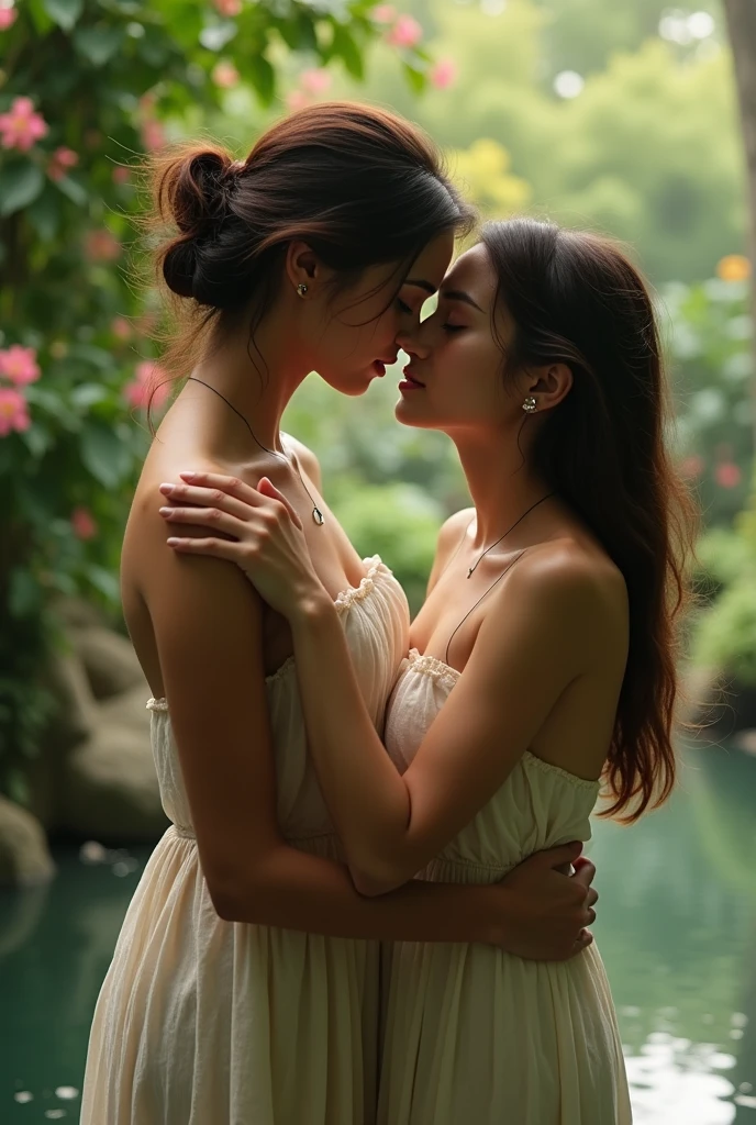 (best quality,ultra-detailed,realistic:1.37), 2girls kissing, naked, small breasts, full body, soft lighting, intimate, sensual, artistic, pastel colors, gentle touch