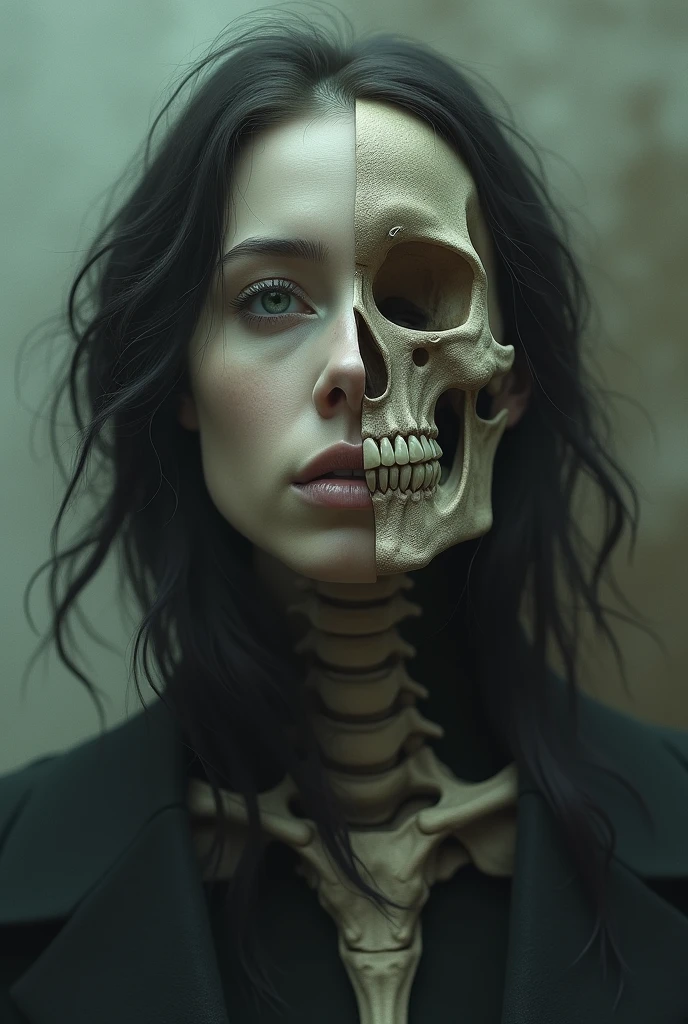 Skull and human face split in the middle, looking at the camera, Intricate, beautiful, highly detailed, detailed background