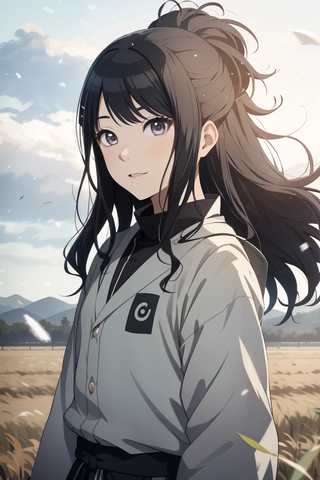 an hiperealistic shot of hinata(shippuden), ((hiori kazano)), idolmaster, Detailed eyes, long hair, ponytail, half updo, hair ornament,, (sweet woman), manwha style, windy day, flowing hair, dry leaf flying, snowing field, ((trully happy))