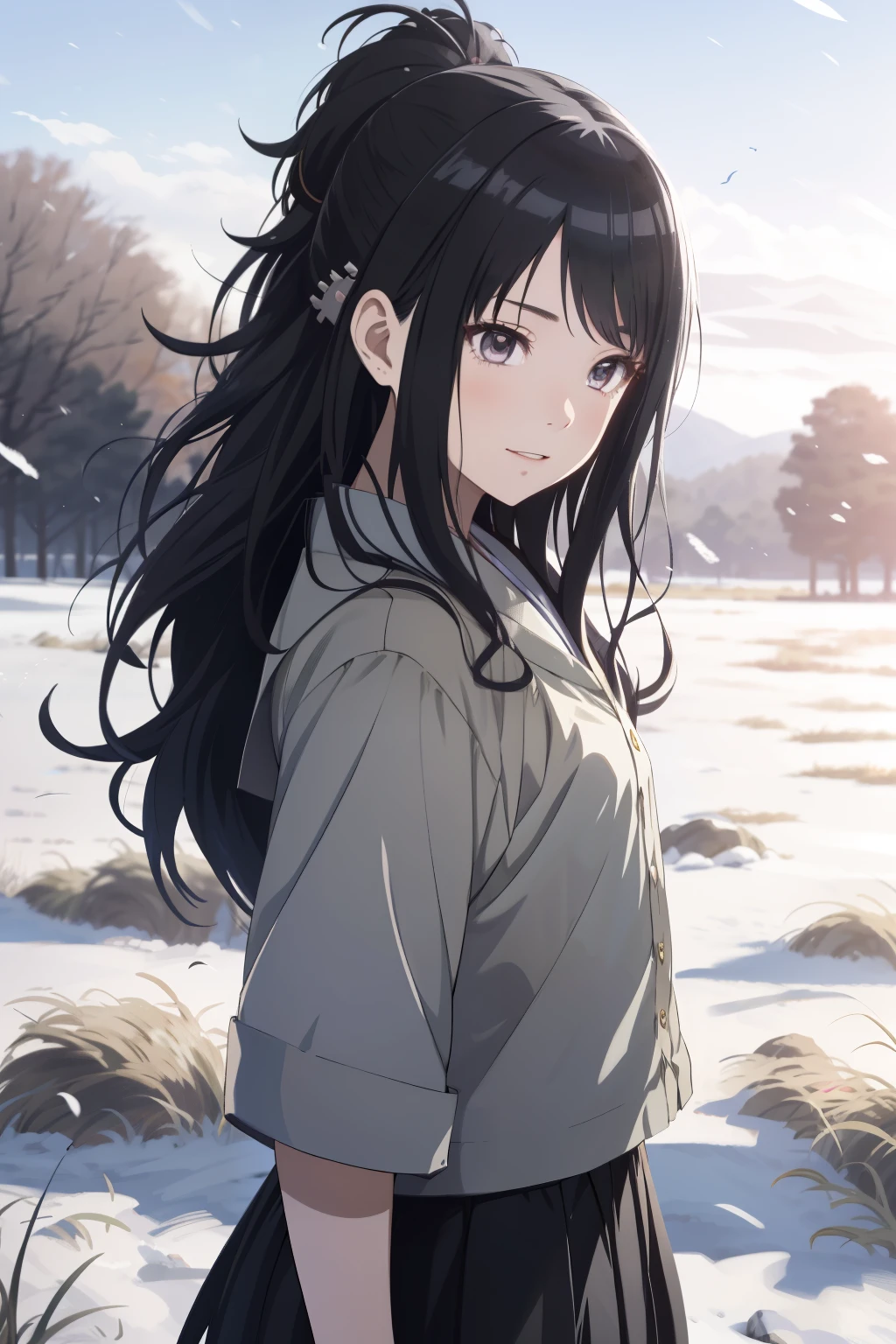 an hiperealistic shot of hinata(shippuden), ((hiori kazano)), idolmaster, Detailed eyes, long hair, ponytail, half updo, hair ornament,, (sweet woman), manwha style, windy day, flowing hair, dry leaf flying, snowing field, ((trully happy))