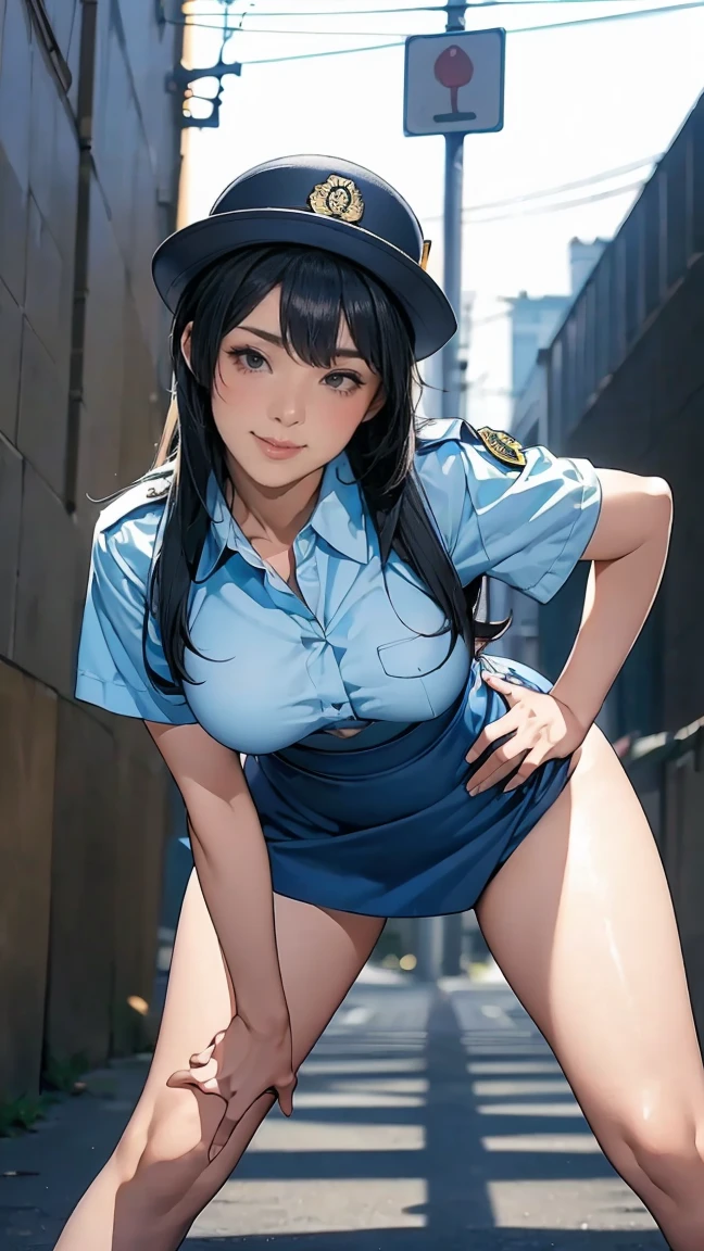 ( masterpiece :1.2, Highest quality), ( actual , photo actual :1.4),Beautiful illustrations,(Natural side light,  cinematic lighting ),1 female, Japanese, Mature Women ,Female police officer on patrol,28 years old, perfect face, Symmetrical face,  shiny skin,Random Hairstyle, big eyes,Sexy eyes,( Smile),(whole body),rest((shirt)),(( A tight mini skirt made of very thin fabric)),(Police hat),(Background is street corner:1.5),((( background blur:1.5))),(( Police Uniform )),rest(((forward:1.5))),((( hands on the waist ))),(bend over:1.5)(Beautiful drawing of a hand)(Wide hips:1.3)，(Slim waist:1.2),( long legs:1.3),( huge breasts :1.3),(Backlight)，(Japanese policewoman),((:1.3),(Cleavage:1.3)(camel toe:1.3)