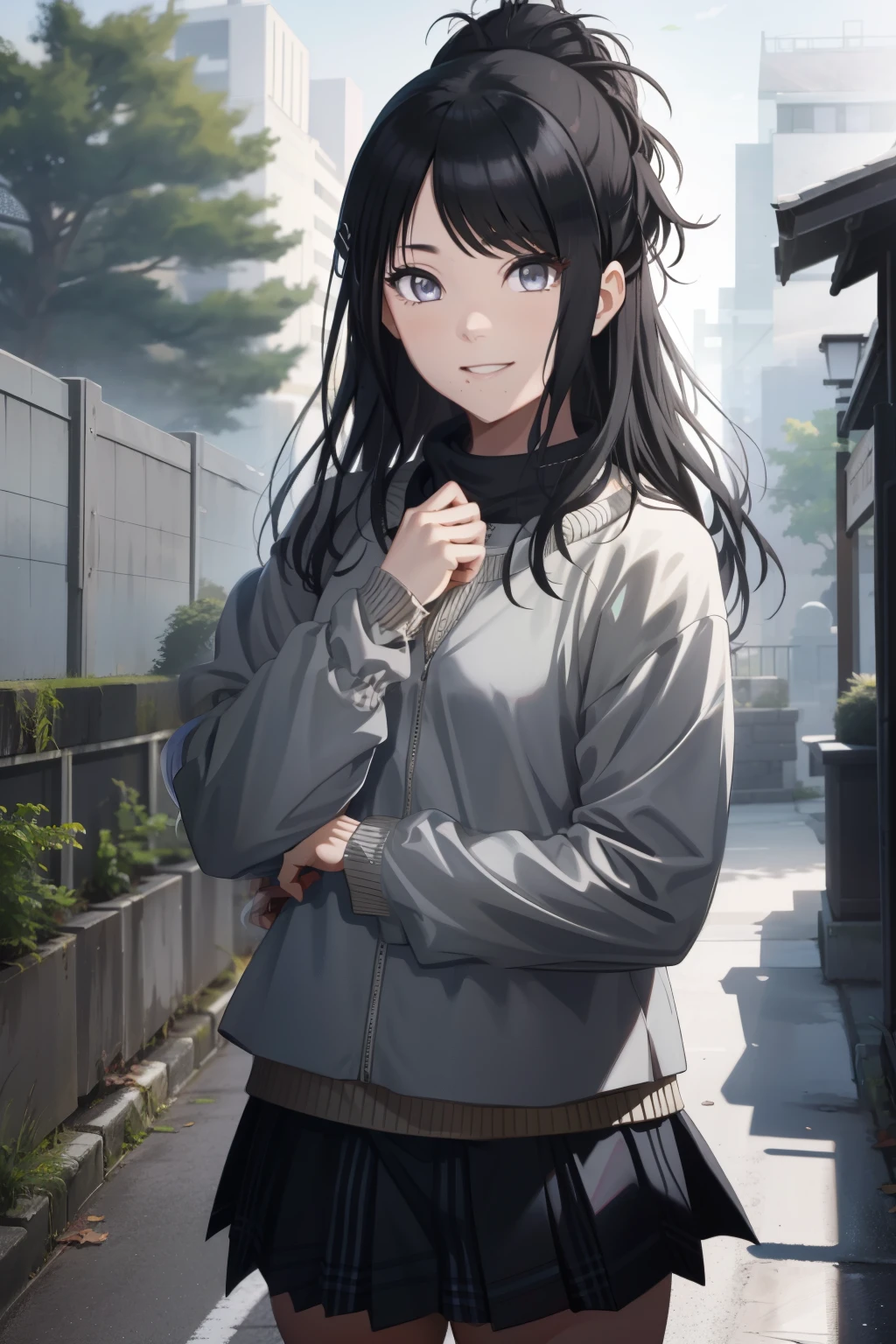 an hyperrealistic shot of hinata(shippuden), ((hiori kazano)), idolmaster, Detailed eyes, long hair, ponytail, half updo, hair ornament,, (sweet woman), manwha style, 1girl, Tricotet, Turtleneck Sweater, Long Sleeve, Rolê, romantic skirt, black color hair, 8k, high detailed, high quality, full body, ((SMILING))
