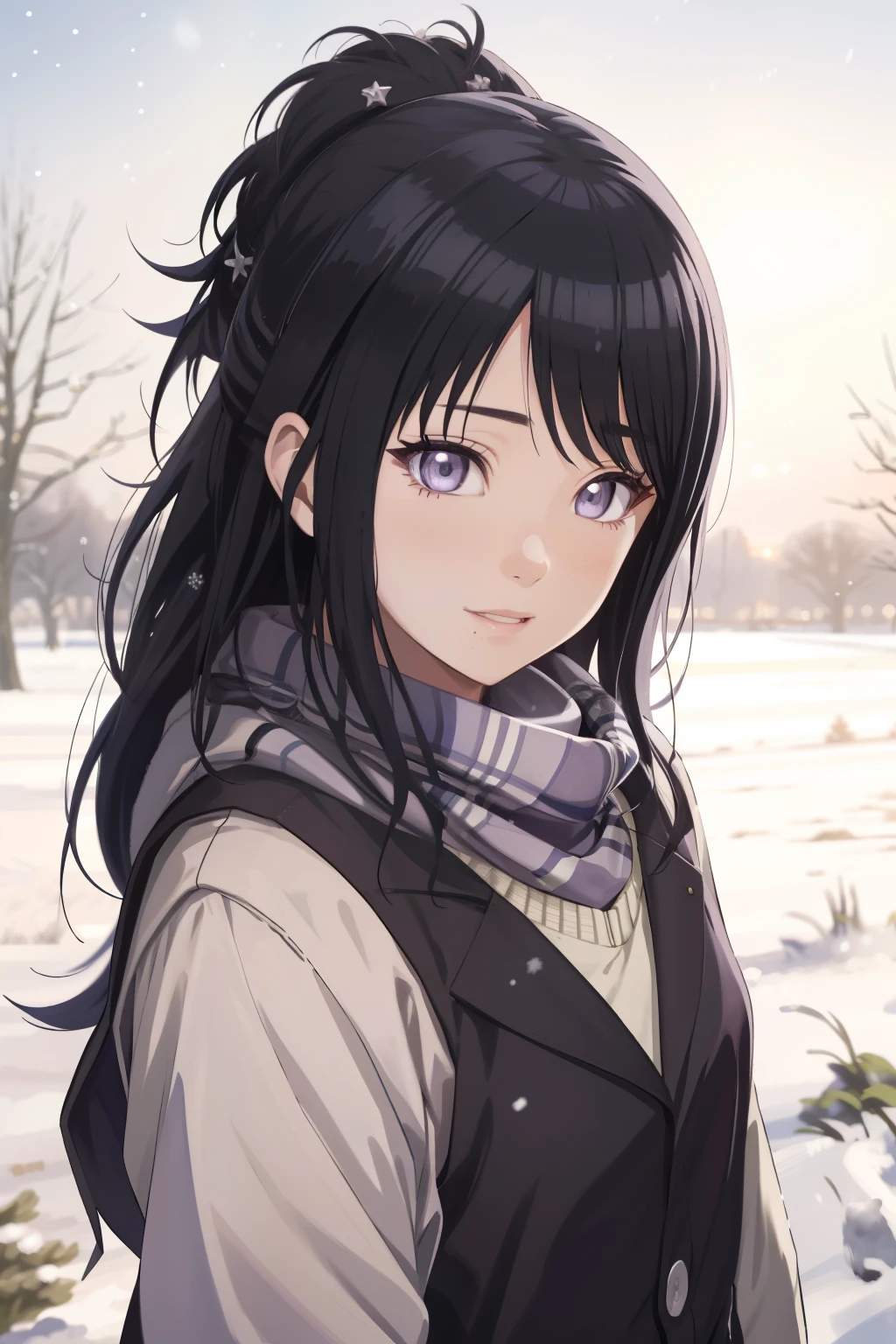 an hiperealistic shot of hinata(shippuden), ((hiori kazano)), idolmaster, Detailed eyes,  long hair, ponytail, half updo, hair ornament,, (sweet woman), manwha style, in a snowy field, happy, smilling, wearing a lilac scarf, christmas lights