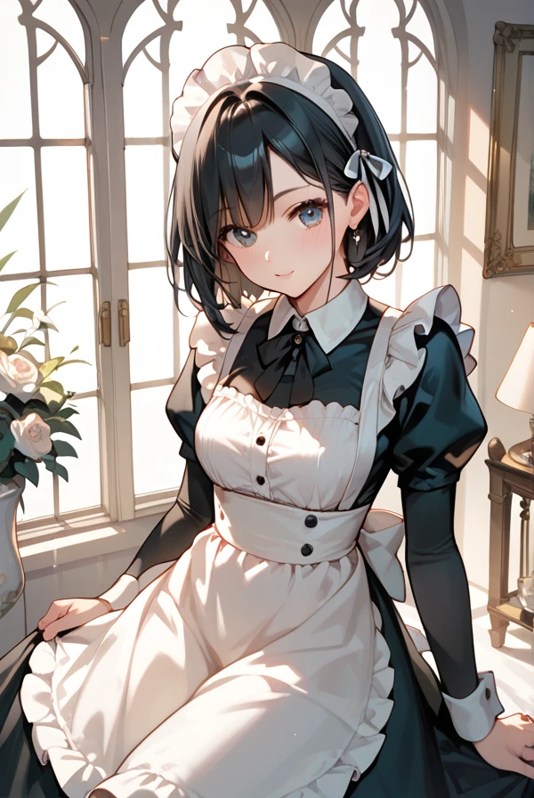 Black Hair, maid clothes,Thighs,Mansion,Maid knitting on the windowsill, anime style
