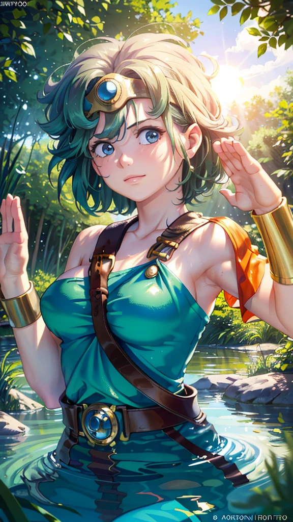 (((SFW、sound、Highest quality、Top notch work、Normal body、、Detailed face、Ultra-precision、Normal hand、のrefer、5refer、Highest)))、beautiful girl、Green Hair、yamato nadeshiko、Small breasts、Shortcuts、Blue leotard、Muscular、Red Cape、Circlet、Dragon Quest、Female Heroes、 Fight、Fight準備完了、 (((Hold both knees、Sit on the ground:1.5)))、((Executed perfectly:Frame yourself from head to toe,Standing posture,Draws in great detail、There is no anatomical problem))、forest
