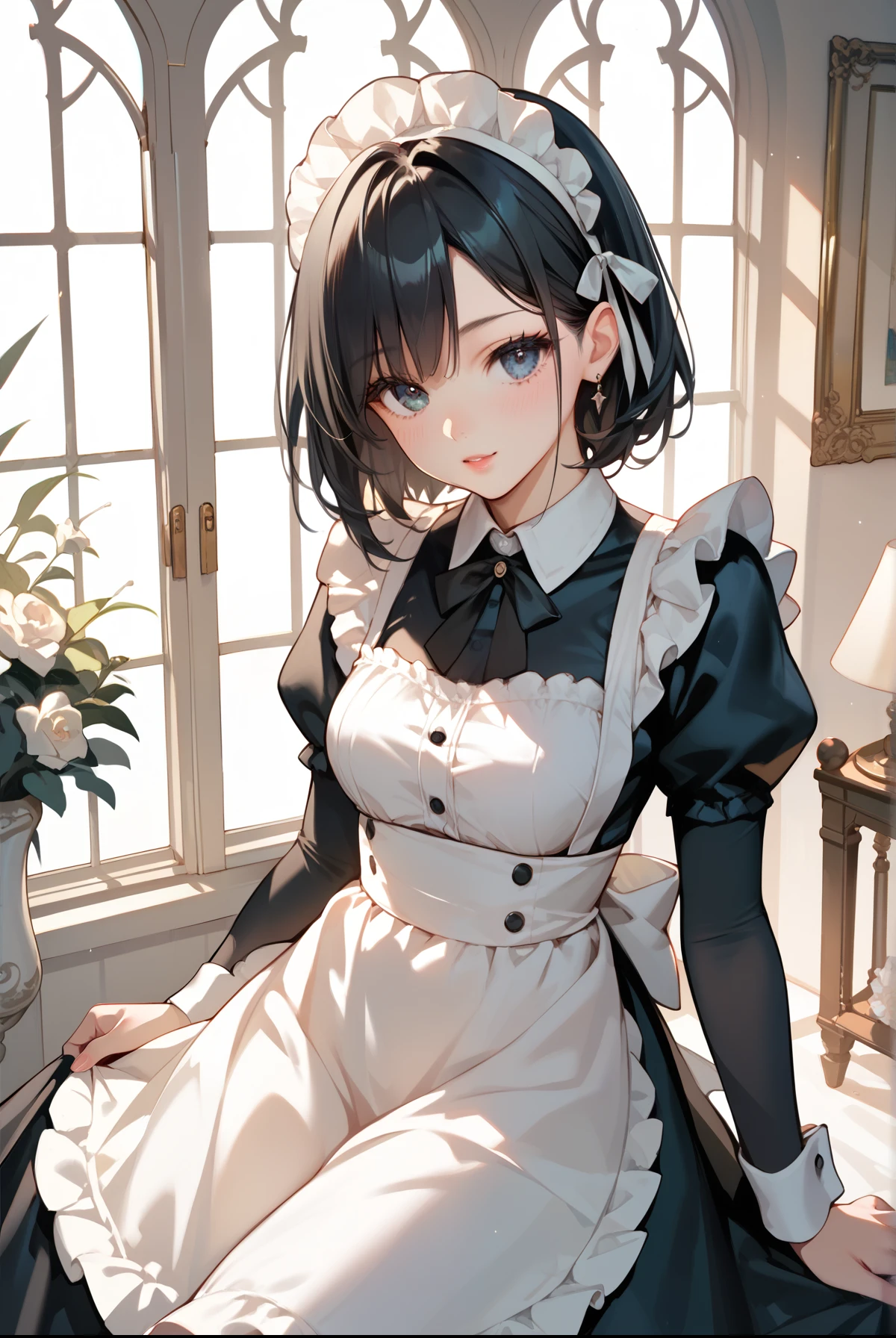 Black Hair, maid clothes,Thighs,Mansion,Maid knitting on the windowsill, anime style
