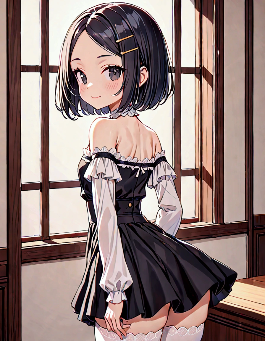 (masterpiece)(best quality)(ultra detailed)(high resolution),solo,  girl, black hair short hair, bob cut, (forehead:1.2)(hairpin in center parted bangs:1.2), black eyes, slender body, medium hip, light smile, black blouse off-shoulder blouse, long sleeves, black skirt high waist flared skirt, indoors, milky white stockings with lace trim, upper body above knees, from side, pose of looking back,