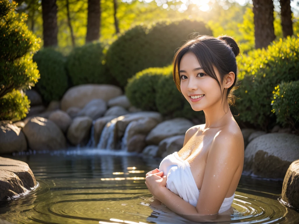 (8k, RAW photo, photorealistic, HQ, masterpiece, Golden ratio composition), solo, a cute Japanese woman, (glowing eyes), 
(light smile), ponytail, (Soaking in a large outdoor bath), (Cover chest with hands:1.4), (Get in the hot water until her breasts are covered:1.4), 
(outdoor very large bath in the woods, Lots of steam, open air Onsen, rotenburo ), Depth of field rally background, backlighting, 