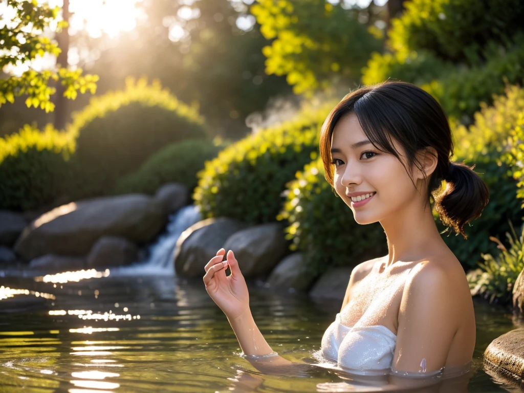 (8k, RAW photo, photorealistic, HQ, masterpiece, Golden ratio composition), solo, a cute Japanese woman, (glowing eyes), 
(smile), ponytail, (Soaking in a large outdoor bath), (Cover chest with hands:1.4), (Get in the hot water until her breasts are covered:1.4), 
(outdoor very large bath in the woods, Lots of steam, open air Onsen, rotenburo ), Depth of field rally background, backlighting, 