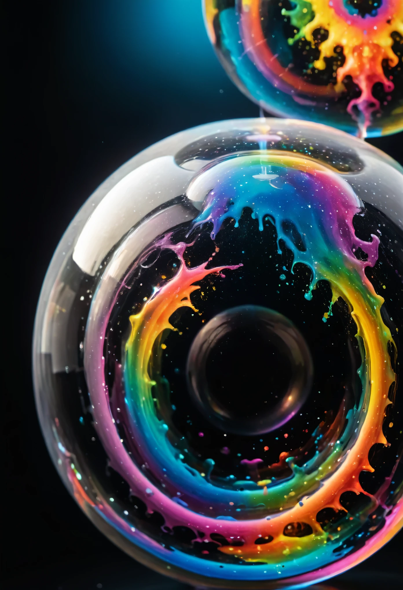 A close up of beautiful bubbles floating on top of each other, LSD, DMT imagery. octane render, psychedelic droplets of water, abstract liquid, and intricate rainbow art. octane render, black 3d fluid simulation,  ethereal bubbles, swirling liquids, and highly detailed, octane render, reflective rainbow bubbles, twisted colors inside of glass spheres, Psilocybin Dream inside an amazing image of light emerging from colors in a shimmering glass morphing out of colors, bright neon and fluorescent colors,very bright, vibrant colors, perfectly formed and symmetrical reflective bubbles and spheres, attention to detail with these beautiful bubbles and spheres, Extreme Hallucinations in a gorgeous piece of  psychedelic digital artwork, Stunning, pixel art, tripped out colors, 4d mandelbulb psychedelics, glass like psychedelic landscape, intricate rainbow environment, psychedelic underwater brightness and glow with neon colors, glowing colors twist inside of translucent glass spheres and bubbles with light and color reflecting off of both in bright fluorescent colors, psychedelic trip, fluorescent and neon aesthetic, psychedelic vibrant colors, bright psychedelic paint splattered backgrounds,swirling spirals and vortex, bright vibrant colors popping out from 3d glass spheres, Rotational Symmetry, Pixel Assets, Portrait photography, Surrealism, Photorealistic, Hyperdetailed, Glass Morphism, Digital Art, Sparkle, Optical Illusion, Glowing Light, Reflective Light, Overexposure, Backlighting, Depth Of Field, Spheres and bubbles show perfect Symmetry, UHD, High Details, High Quality, Super Detailed, Full Focus, Awe inspiring, Shockingly unique wallpaper art, Breathtaking, Indescribably Beautiful, Heaven sent images, Best Quality, Award Winning, MasterpieceAn amazing image of light emerging from colors in a psychedelic dream, shimmering glass morphing out of colors, bright neon and fluorescent colors,very bright, vibrant colors, perfectly formed and symmetrical reflective bubbles 