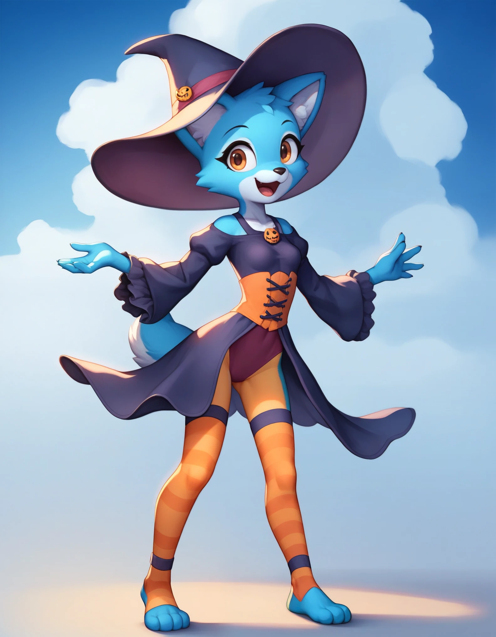 score_9, score_8_up, score_8, 1girl, source_cartoon, source_furry, wallpaper, watercolor style, blueyxl, bluey heeler, artist_aogami, (boxchibi:0.2), young, (cub), (girl), barefoot, full body, cowboy shot, anthro, furry, tail, blue body, animal ears, flat shaded background, sky, day, cloud, blue sky, (excited expression), like joy, whimsical, mischievous, feminine, female, (slender figure), (slim body), con body, detailed fur texture, cute witch outfit, Halloween witch, gothic Victorian witch, skimpy, long sleeve, hip vent, sassy, (exaggerated pose),