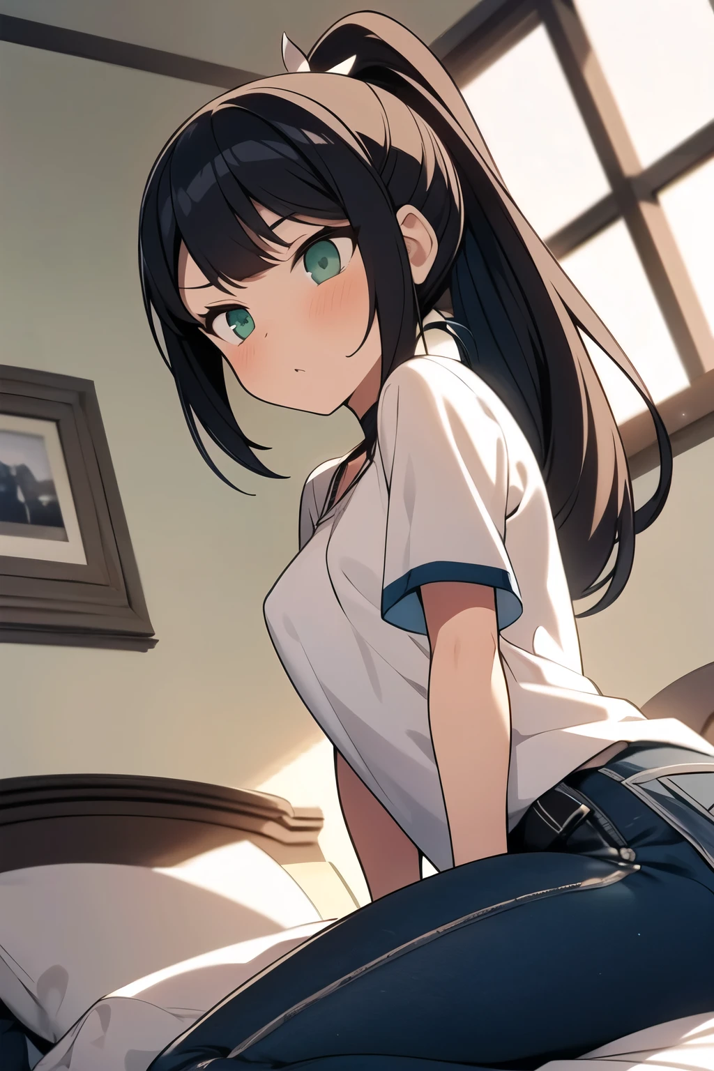 最高masterpiece， Super Detailed , Best Quality, ((( one woman,Long Hair, ponytail,bangs,Narrow Face,Sharp green eyes,Small breasts, white blouse, Navy Jeans ,Surprised, blushed))),masterpiece,Extremely high quality, Extremely delicate and beautiful, Hyper Details ,Dynamic resolution , sharp concentration, anime style ,On all fours, clevis,From below,indoor,bedroom