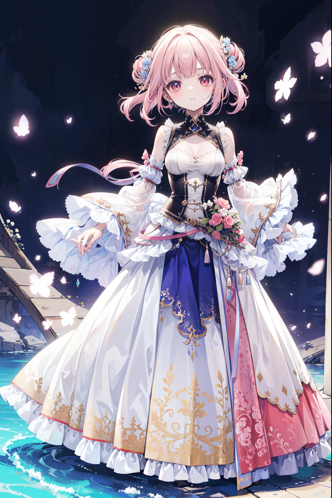(((Best quality, high resolution , masterpiece , masterpiece , Best, high resolution ))). a girl , solitary. (((My child is beautiful, Lovely girl with fine pink hair , Short, slim figure , and anime faces))). She is a young girl, About ten years old, Gorgeous white skin and medium-length hair,Tie it into a big bun. She has depth, Shining red eyes,tilt. There was no expression on her face.. She has medically correct body and adolescent breasts. Her limbs are slender, has medically correct limbs and fingers . Her skirt is white,Very short ((Long gown)), Translucent and transparent, With blue ivy pattern. When she is in a pose , Her clothes fluttered in the wind when she posed . Her background is a simple starry sky.