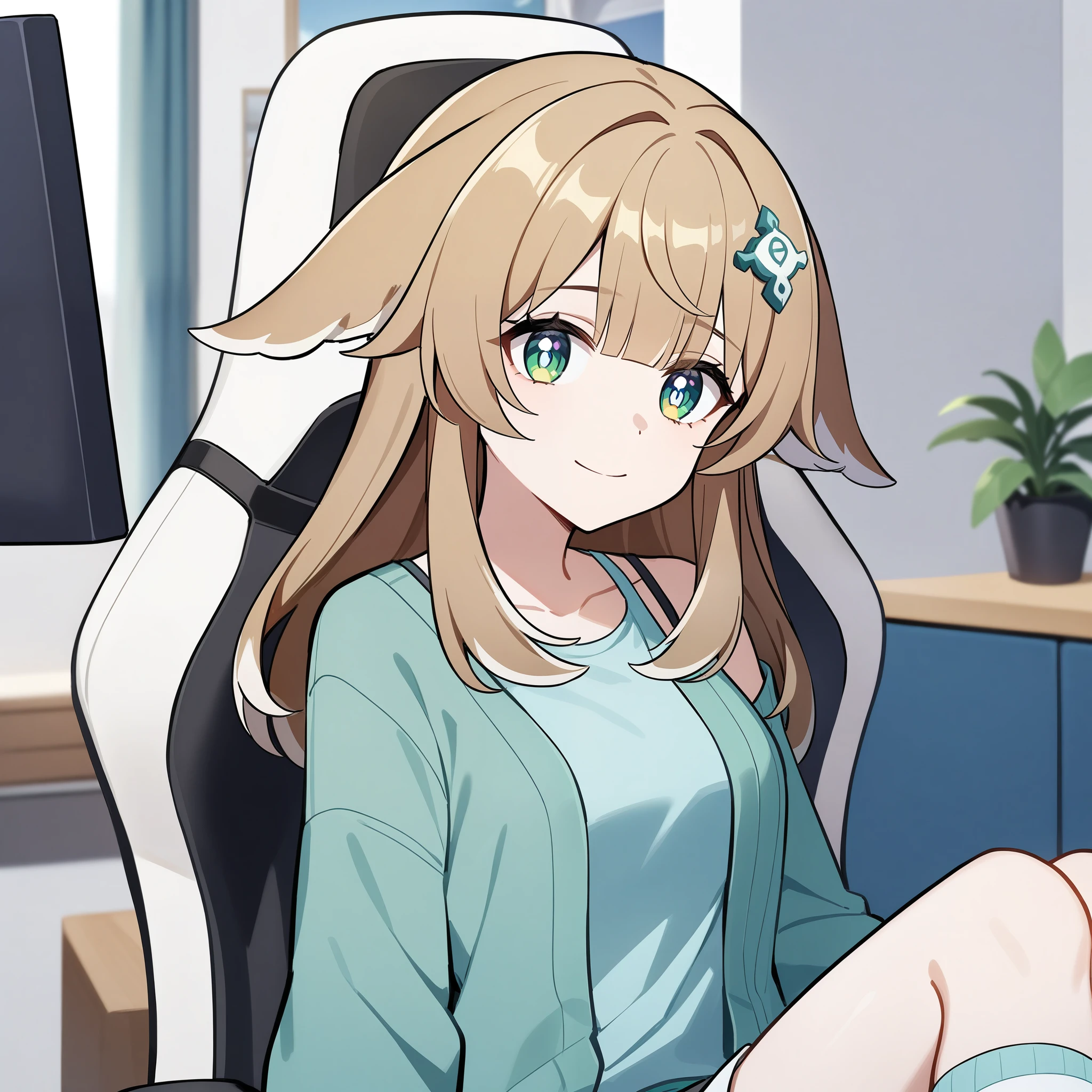 (high-quality, breathtaking),(expressive eyes, perfect face) 1girl, female, solo, Sword Art Online, Symmetrical Eyes, simple background, gentle smile, medium hair, fluffy hair, modern outfit, SAO inspired, HuoHuo, huohuo\(honkai star rail\), dark blue green tank top, gradient cardigan, cowboy shot, medium full shot, bangs, hair ornament, thigh socks, shorts, black brown hair, modern living room background, sitting on gaming chair, young,
