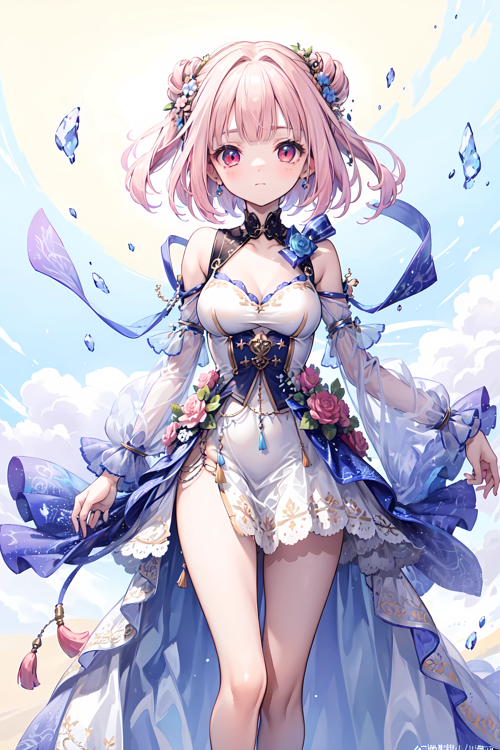 (((Best quality, high resolution , masterpiece , masterpiece , Best, high resolution ))). a girl , solitary. (((My child is beautiful, Lovely girl with fine pink hair , Short, slim body , and anime faces))). She is a young girl, About ten years old, Gorgeous white skin and medium-length hair,Tie it into a big bun. She has depth, Shining red eyes,tilt. There was no expression on her face.. She has medically correct body and adolescent breasts. Her limbs are slender, has medically correct limbs and fingers . Her skirt is white,Very short ((Long gown)), Translucent and transparent, With blue ivy pattern. When she is in a pose , Her clothes fluttered in the wind when she posed . Her background is a simple starry sky.
