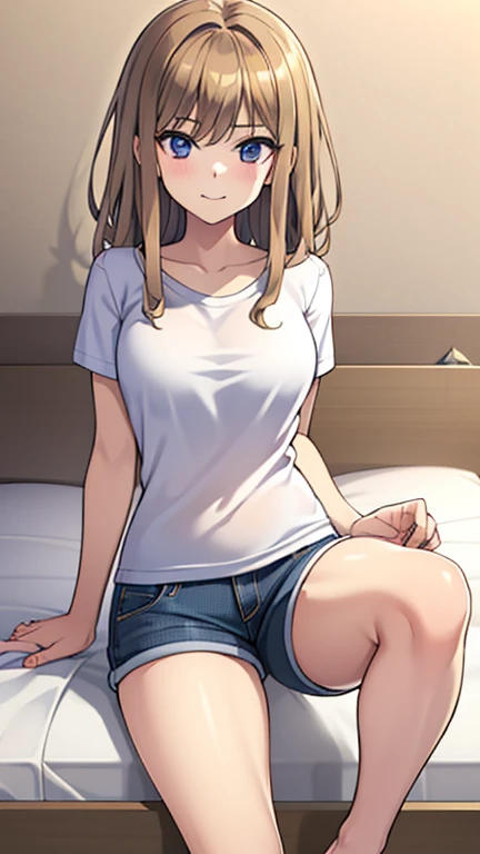 Clothing: Denim shorts and a white T-shirt,barefoot. Location:In the hotel,On the bed.(Image:3k Pixels.Draw with beautiful lines. solo person).(one right arm).(one left arm).(one right leg).(one  left leg).((Perfectly balanced Five fingertips)).(Image:3k Pixels.Draw with beautiful lines. solo person).(one right arm).(one left arm).(one right leg).(one  left leg).((Perfectly balanced Five fingertips)).