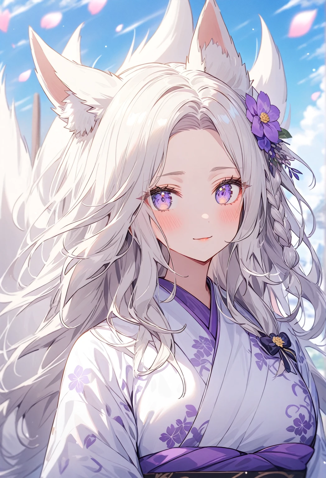 ((Portrait)) ((POV: Close)) ((Flower pattern ornament)) ((Motherly expression)) ((Alone)) Create an anime-style image of Aiko, an elegant fox girl with a graceful aura. She has long, white hair styled in a side braid, soft, fluffy fox ears, and light purple eyes that radiate warmth and kindness. Her expression is gentle and slightly mischievous, conveying both confidence and a caring nature. Wearing a beautiful kimono. Emphasize her graceful figure, big breasts, and mature demeanor, highlighting her caring, protective nature alongside a hint of playful mischief. Set the scene on a beautiful dreamy landscape full of flowers. A giant fox flying in the sky. Use a depth-of-field effect to keep Aiko in sharp focus.