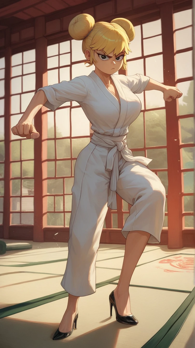 Lynn Loud, 1girl, solo, 24yo girl, large breast, inside of a chinese temple, looking at viewer, blonde hair, two hair buns , hands score_9, score_8_up, score_7_up, high heels, teep fighting stance,martial arts