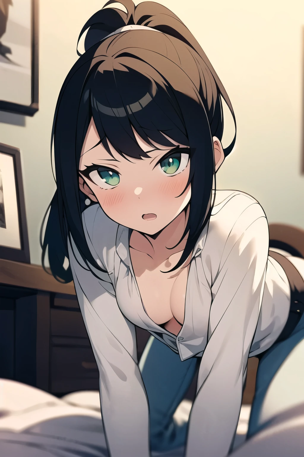  masterpiece， Super Detailed , Best Quality, (((One young girl,Long Hair, ponytail,bangs,Narrow Face,Sharp green eyes，Small breasts， white blouse， Navy Jeans ,Surprised, blushed)))，Extremely high quality， Extremely delicate and beautiful， Hyper Details ，Dynamic resolution ， sharp concentration， anime style ，On all fours， clevis，From below，indoor，bedroom，