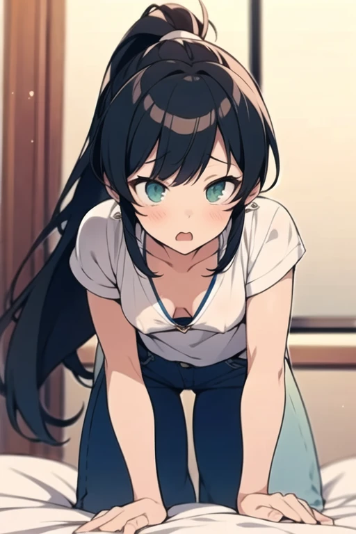  masterpiece， Super Detailed , Best Quality, (((One young girl,Long Hair, ponytail,bangs,Narrow Face,Sharp green eyes，Small breasts， white blouse， Navy Jeans ,Surprised, blushed)))，Extremely high quality， Extremely delicate and beautiful， Hyper Details ，Dynamic resolution ， sharp concentration， anime style ，On all fours， clevis，From below，indoor，bedroom，