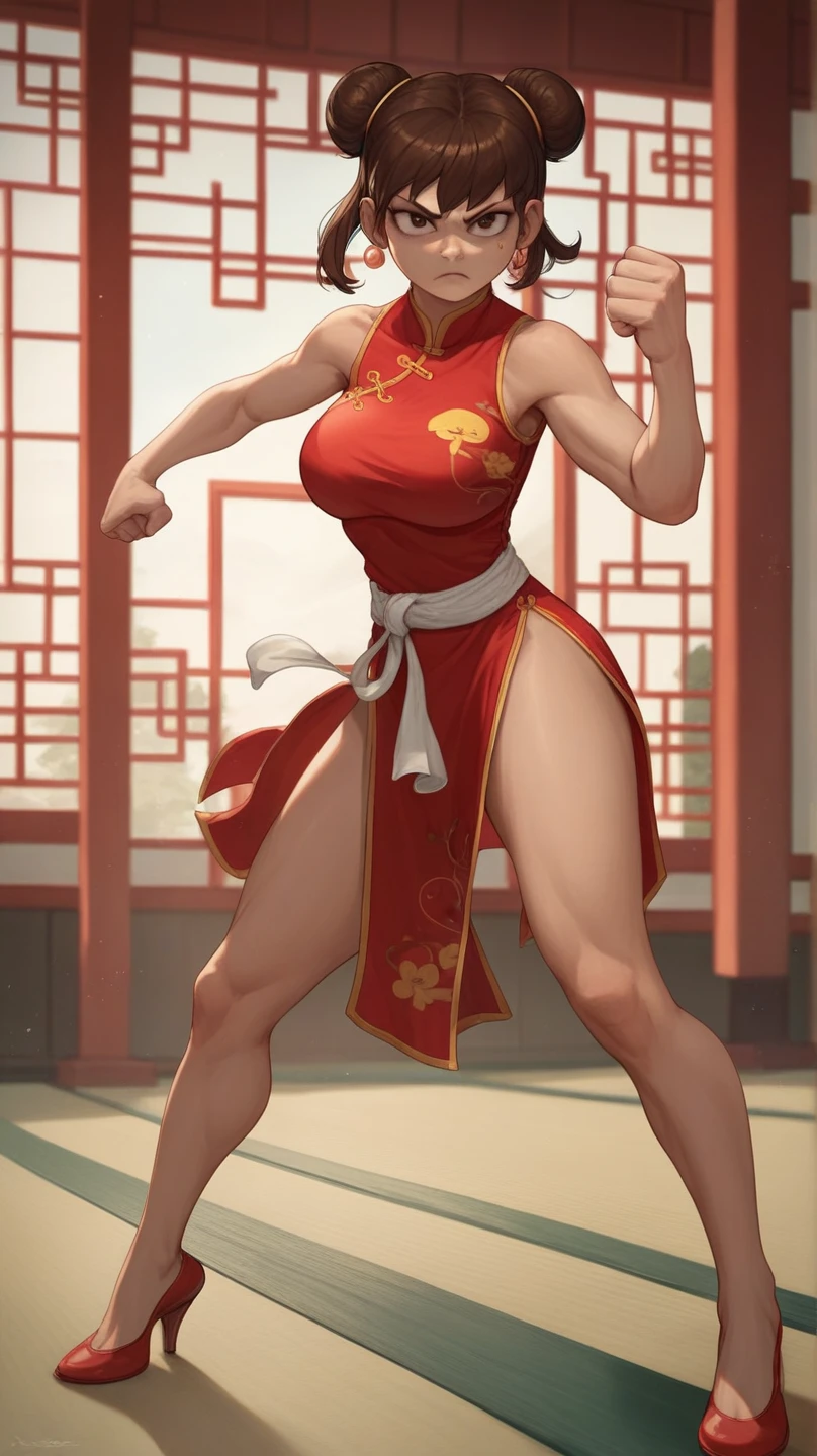 Lynn Loud, 1girl, solo, 24yo girl, large breasts, red cheongsam, inside of a chinese temple, looking at viewer, brown hair, two hair buns, hands score_9, score_8_up, score_7_up,high heels, teep fighting stance,martial arts