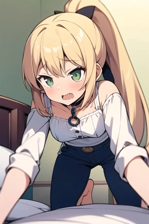  masterpiece， Super Detailed , Best Quality, (((One young girl,Long Hair， ponytail,bangs，Narrow Face，Sharp green eyes，Small breasts， white blouse， Navy Jeans ,Surprised, blushed)))，Extremely high quality， Extremely delicate and beautiful， Hyper Details ，Dynamic resolution ， sharp concentration， anime style ，Excited state,On all fours， clevis，From below，indoor，bedroom，