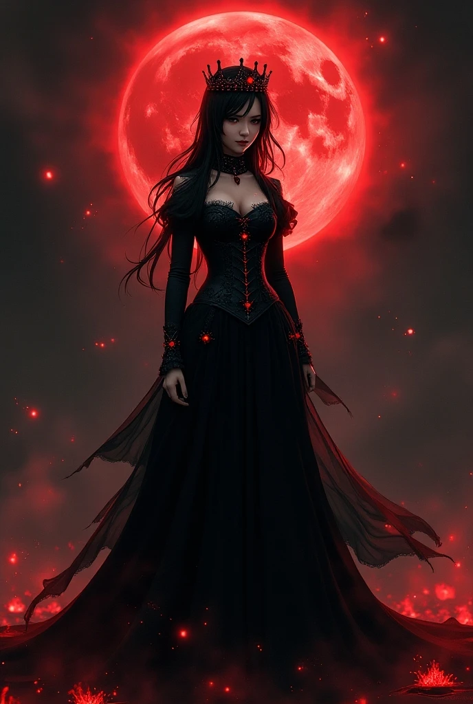 The Starlight Priestess, cloaked in tattered black Gothic steampunk attire, stands on a pulsating ritual disk. Shadows twist around her as the celestial eclipse casts an eerie glow. Her eyes, void of light, reflect the horror of the darkened sky. The air thickens with dread, and whispers of ancient curses echo through the night. The moon’s blood-red hue bathes the scene in a sinister light, foretelling doom and despair.