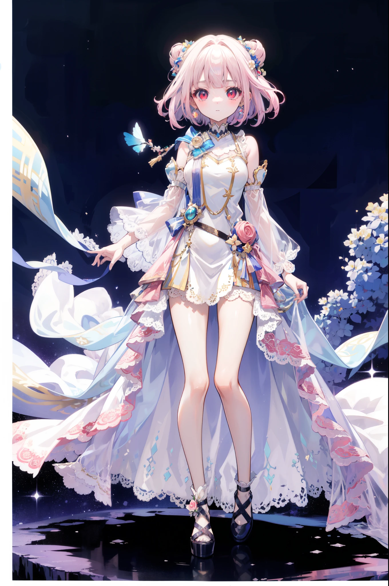 (((Best quality, high resolution , masterpiece , masterpiece , Best, high resolution ))). a girl , solitary. (((My child is beautiful, Lovely girl with fine pink hair , Short, slim figure , and anime faces))). She is a young girl, About ten years old, Gorgeous white skin and medium-length hair,Tie it into a big bun. She has depth, Shining red eyes,tilt. There was no expression on her face.. She has medically correct body and adolescent breasts. Her limbs are slender, has medically correct limbs and fingers . Her skirt is white,Very short ((Long gown)), Translucent and transparent, With blue ivy pattern. When she is in a pose , Her clothes fluttered in the wind when she posed . Her background is a simple starry sky.