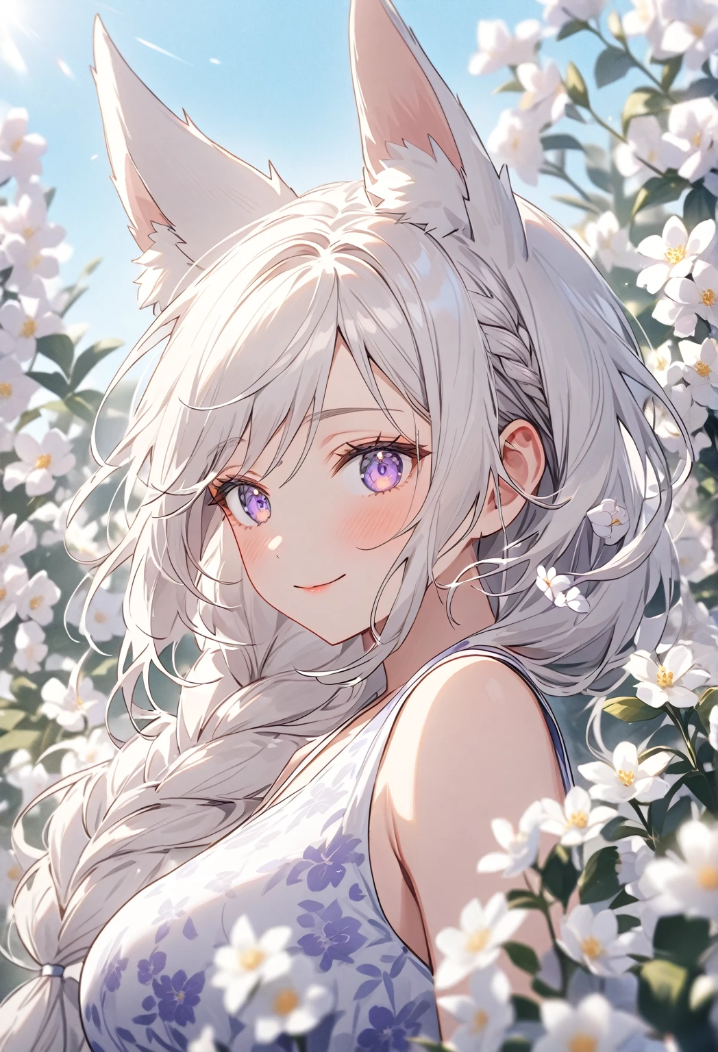 ((Portrait)) ((POV: Close)) ((Flower pattern ornament)) ((Motherly expression)) ((Alone)) Create an anime-style image of Aiko, an elegant fox girl with a graceful aura. She has long, white hair styled in a side braid, soft, fluffy fox ears, and light purple eyes that radiate warmth and kindness. Her expression is gentle and slightly mischievous, conveying both confidence and a caring nature. Wearing a beautiful sundress. Emphasize her graceful figure, big breasts, and mature demeanor, highlighting her caring, protective nature alongside a hint of playful mischief. Set the scene on a beautiful dreamy landscape full of flowers. Use a depth-of-field effect to keep Aiko in sharp focus.