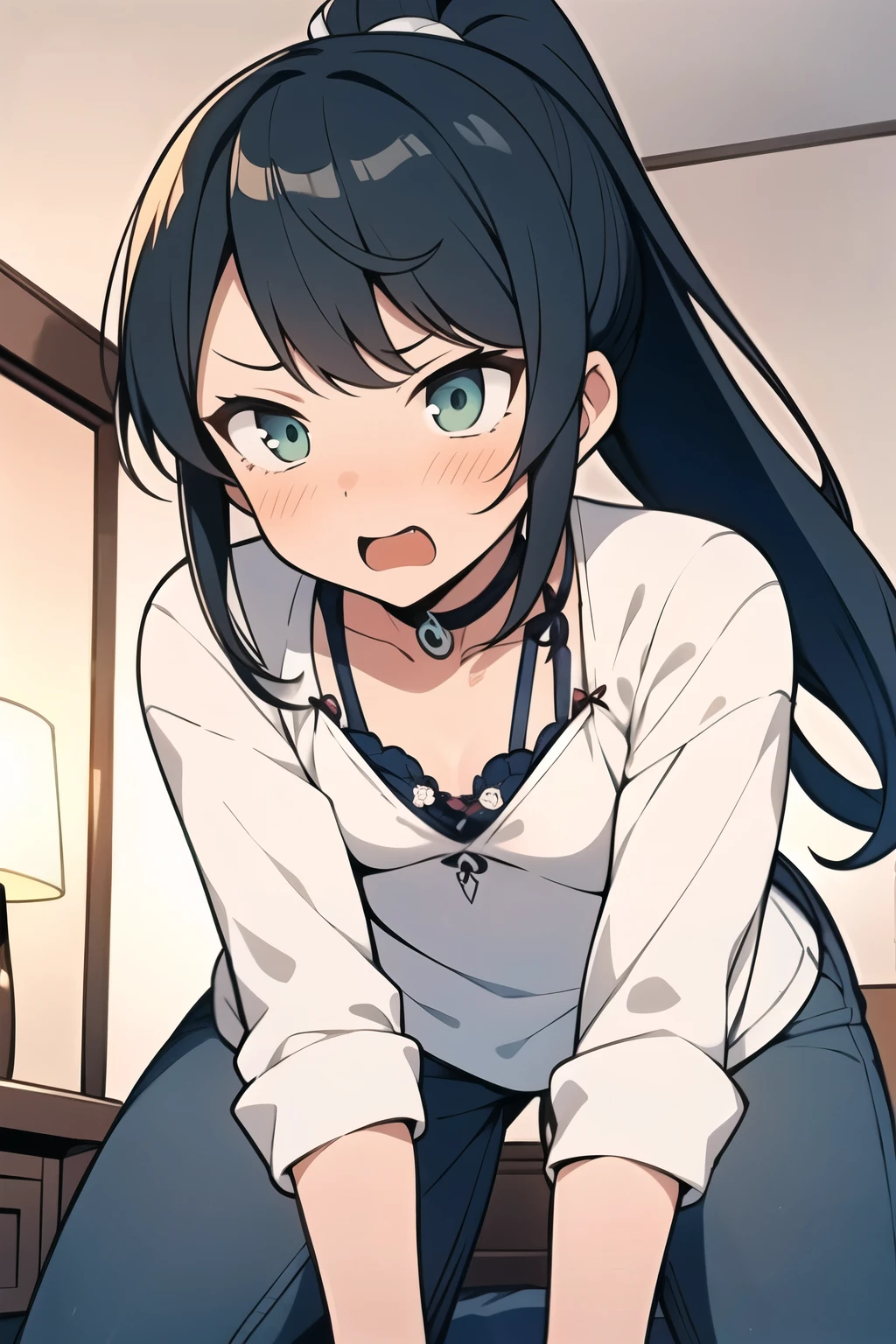  masterpiece， Super Detailed , Best Quality, (((One young girl,Long Hair， ponytail,bangs，Narrow Face，Sharp green eyes，Small breasts， white blouse， Navy Jeans ,Surprised, blushed)))，Extremely high quality， Extremely delicate and beautiful， Hyper Details ，Dynamic resolution ， sharp concentration， anime style ，Excited state,On all fours， clevis，From below，indoor，bedroom，