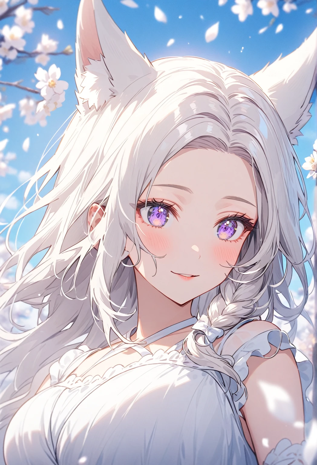 ((Portrait)) ((POV: Close)) ((Flower pattern ornament)) ((Motherly expression)) ((Alone)) Create an anime-style image of Aiko, an elegant fox girl with a graceful aura. She has long, white hair styled in a side braid, soft, fluffy fox ears, and light purple eyes that radiate warmth and kindness. Her expression is gentle and slightly mischievous, conveying both confidence and a caring nature. Wearing a beautiful white comfortable sundress that enhancing her mature beauty. Emphasize her graceful figure, big breasts, and mature demeanor, highlighting her caring, protective nature alongside a hint of playful mischief. Set the scene on a beautiful dreamy landscape full of flowers. Use a depth-of-field effect to keep Aiko in sharp focus.