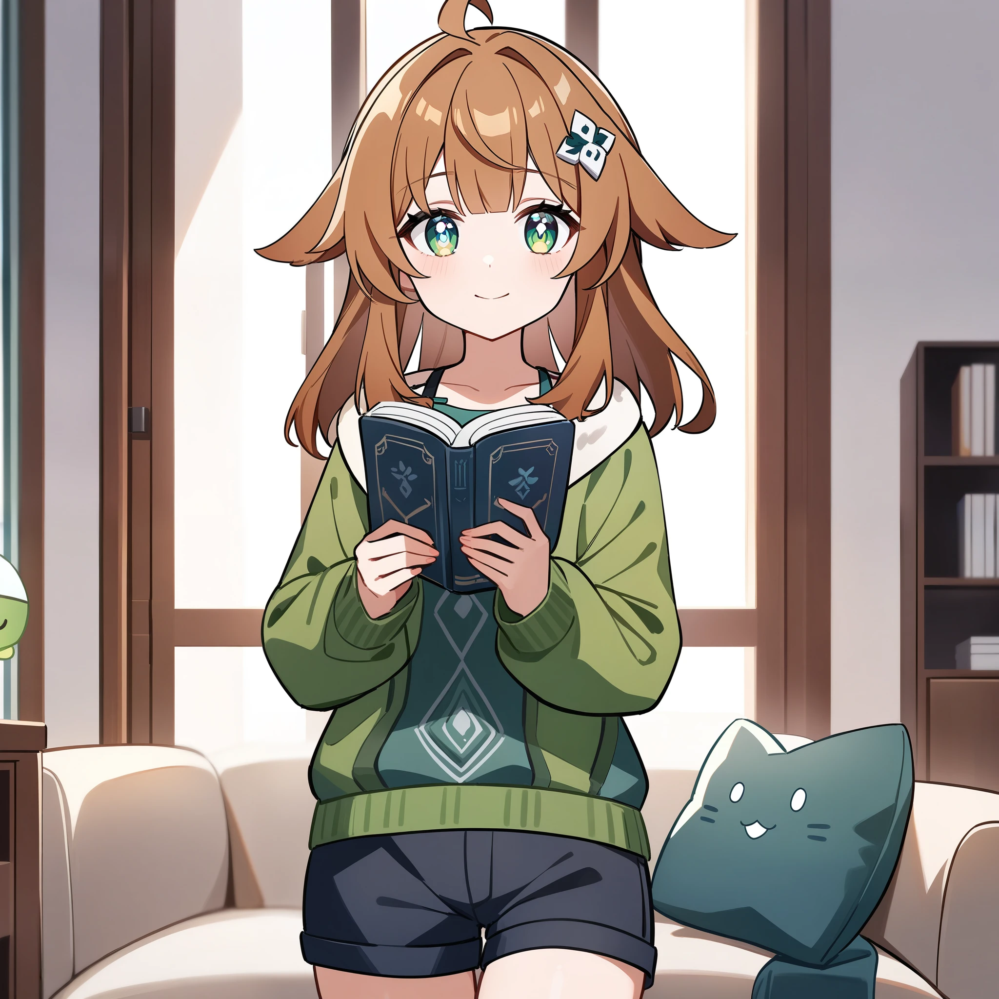 (high-quality, breathtaking),(expressive eyes, perfect face) 1girl, female, solo, Sword Art Online, Symmetrical Eyes, simple background, gentle smile, medium hair, fluffy hair, modern outfit, SAO inspired, HuoHuo, huohuo\(honkai star rail\), dark blue green tank top, gradient cardigan, cowboy shot, medium full shot, bangs, hair ornament, thigh socks, shorts, black brown hair, modern living room background, reading a book, looking at viewer