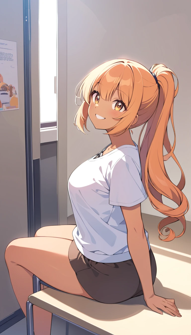 A girl of normal height,  tanned girl dressed in summer clothes. Using a ponytail ,   smiling,  orange curly hair  ,  big and large butt , Sitting in the school corridor  .