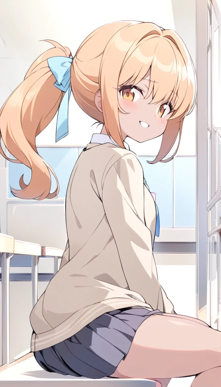 A girl of normal height,    tanned girl dressed as a student,   Using a ponytail ,   smiling,  orange curly hair  ,  big and large butt , Sitting in the school corridor  .