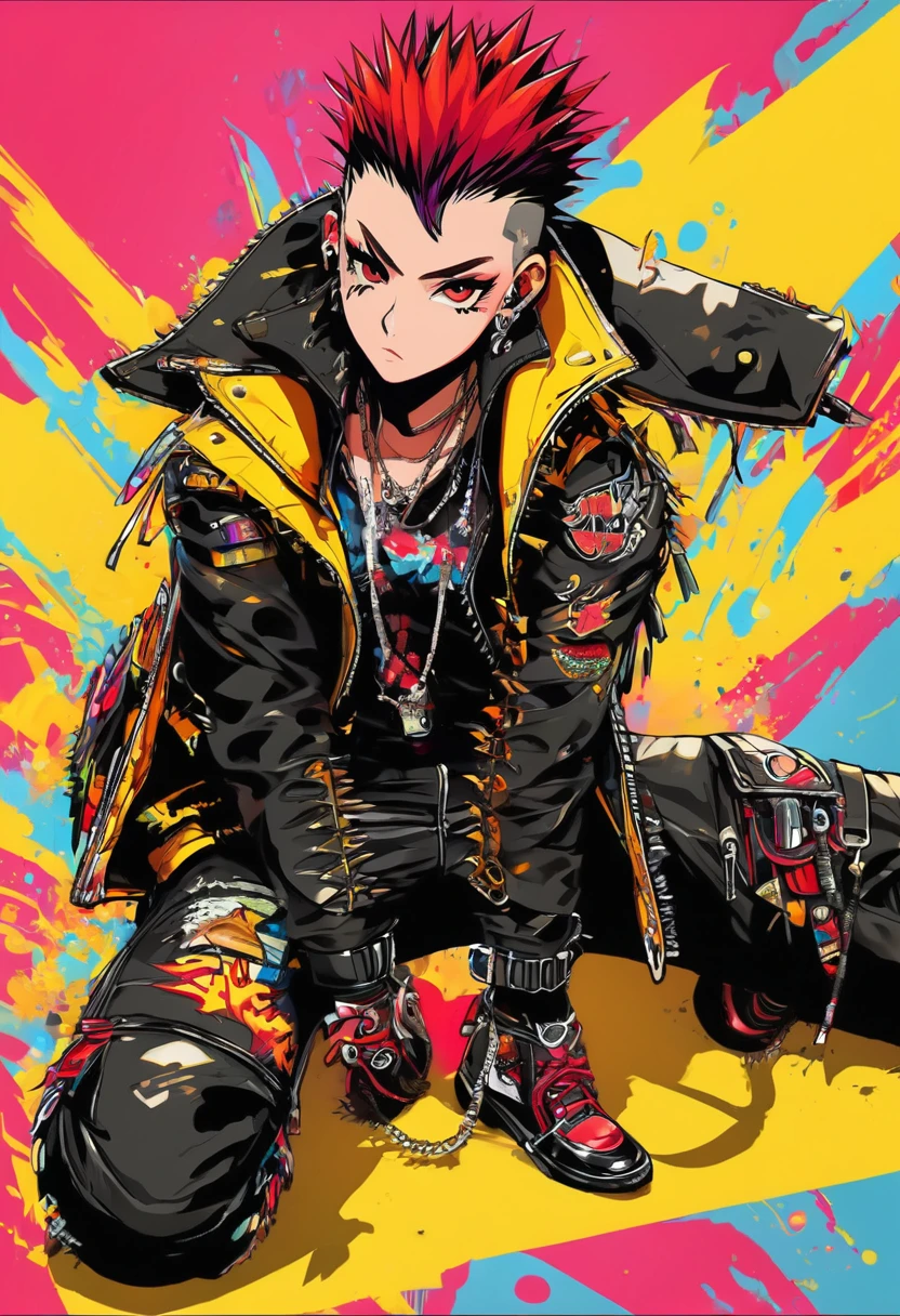 (( full body, plano general:1.6),punk rebelled, young punk,clothes with spikes, ((by mohawk:1.5)), ((action pose:1.5)), revolutionary, punk clothing top leather pants,  masterpiece , High definition, best 4k image, 8K,  highly detailed and expressive eyes, ((vivid colors, red, orange, yellow, :1.4)), High definition