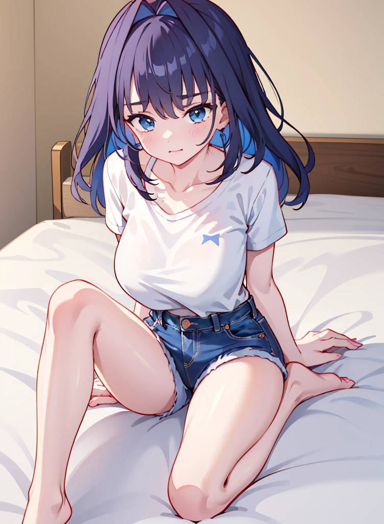 Clothing: Denim shorts and a white T-shirt,barefoot. Location:In the hotel,On the bed.Posing:Spread your legs,Pussy Emphasis(Image:3k Pixels.Draw with beautiful lines. solo person).(one right arm).(one left arm).(one right leg).(one  left leg).((Perfectly balanced Five fingertips)).(Image:3k Pixels.Draw with beautiful lines. solo person).(one right arm).(one left arm).(one right leg).(one  left leg).((Perfectly balanced Five fingertips)).