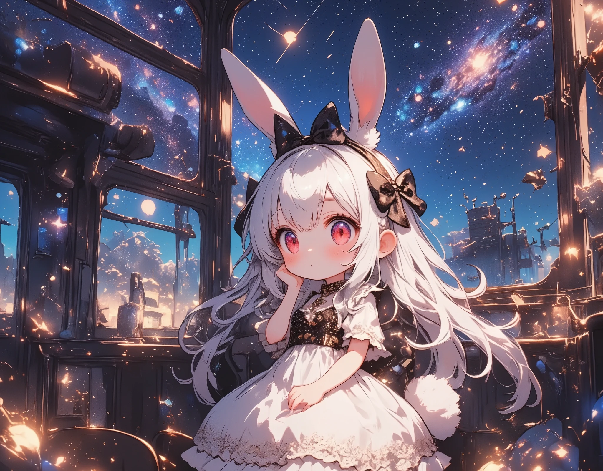 girl\(chibi,cute,kawaii,small ,white hair,big laced black hair bow,very long hair,bangs,ear\(fluffy white bunny-ear\), bunny tail at coccyx,red ruby-like eye,big eye,beautiful shiny eye,skin color white,white frilled dress,breast,full body\),background\(in the train,beautiful galaxy outside the window\)