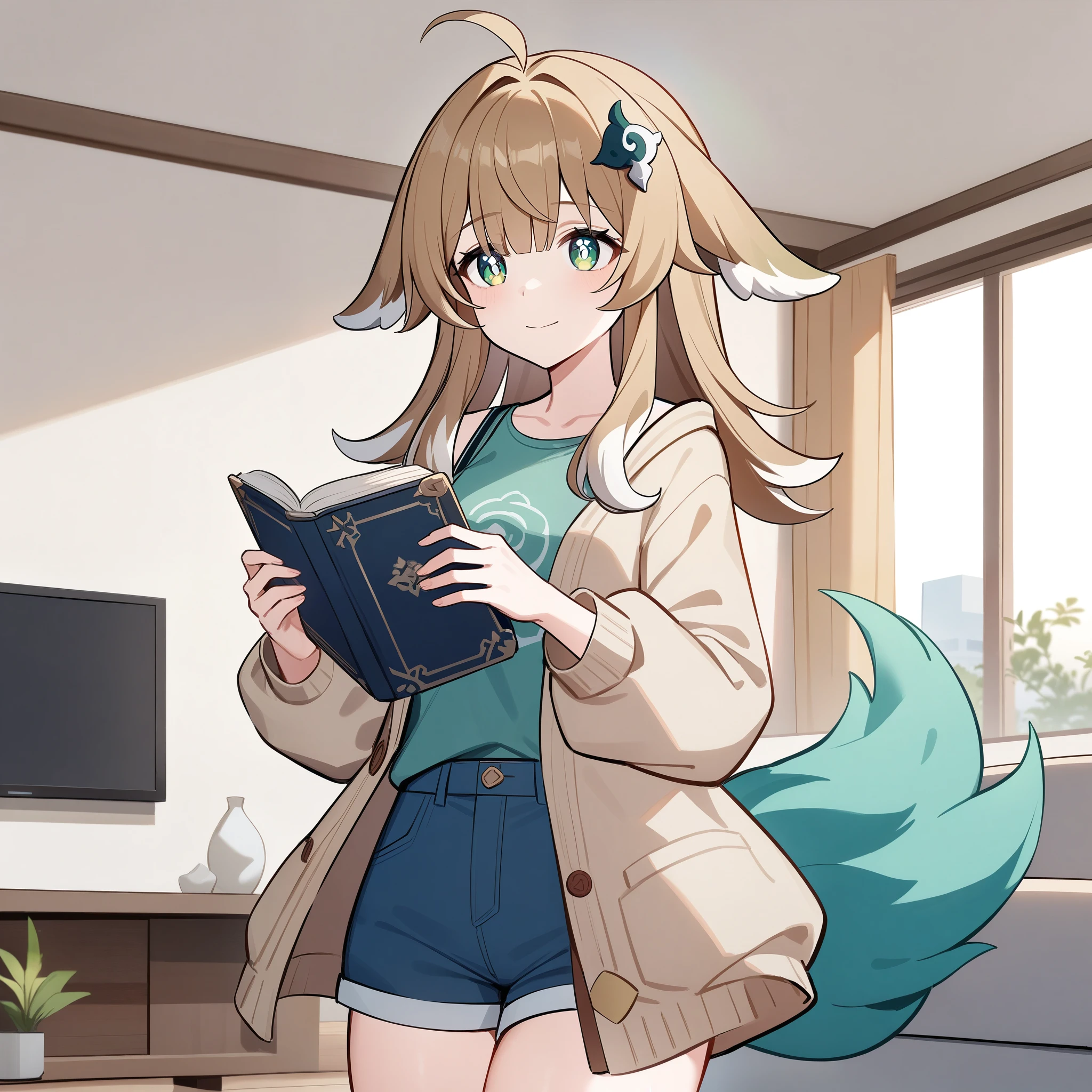 (high-quality, breathtaking),(expressive eyes, perfect face) 1girl, female, solo, Sword Art Online, Symmetrical Eyes, simple background, gentle smile, medium hair, fluffy hair, modern outfit, SAO inspired, HuoHuo, huohuo\(honkai star rail\), dark blue green tank top, gradient cardigan, cowboy shot, medium full shot, bangs, hair ornament, thigh socks, shorts, black brown hair, modern living room background, holding a book
