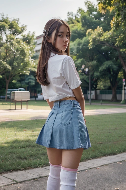 brown skin girl, brown hair and dark eyes, with a white shirt that shows the upper part of his back and short blue shorts looking towards the sky in a park