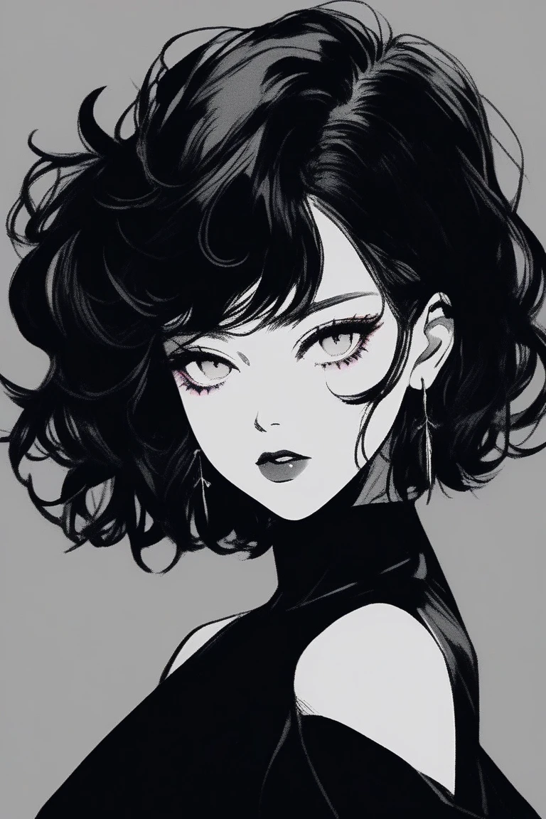 (best quality, sketch:1.2),realistic,illustrator,anime,1 girl, detailed lips, black dress,custom, (background dark monochrome),neon hair,textured cropping, masterpiece, style retro classic, noir dark, art, sketch book, (short hair black:1.75 neon:1.32), bad women , dark monochrome background, dark fantasy 