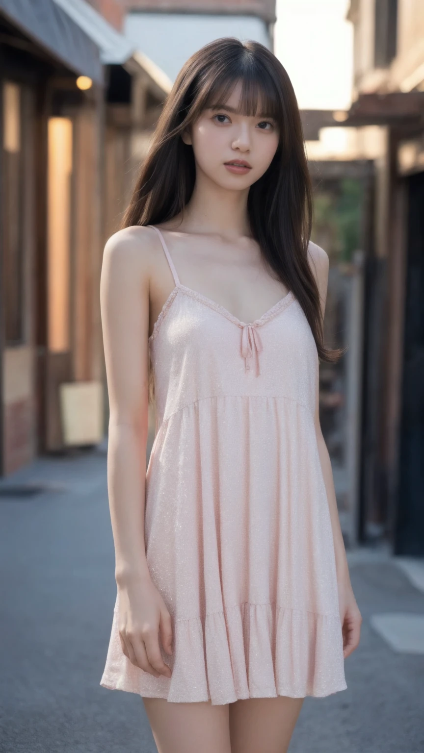 A woman with long, wavy brown hair and subtle makeup is wearing a black and blanc dress , **27 year old spanish female model wearing a detailed pink crochet miniskirt, full body shot, bright and sunny day, in the mall, fashion, ultra qwality, different background. Her expression is calm and composed, 8k, instagram post,