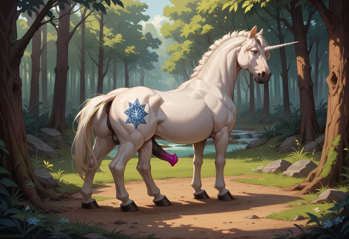 male feral all-white unicorn with horse penis, full body, in a deserted rocky forest