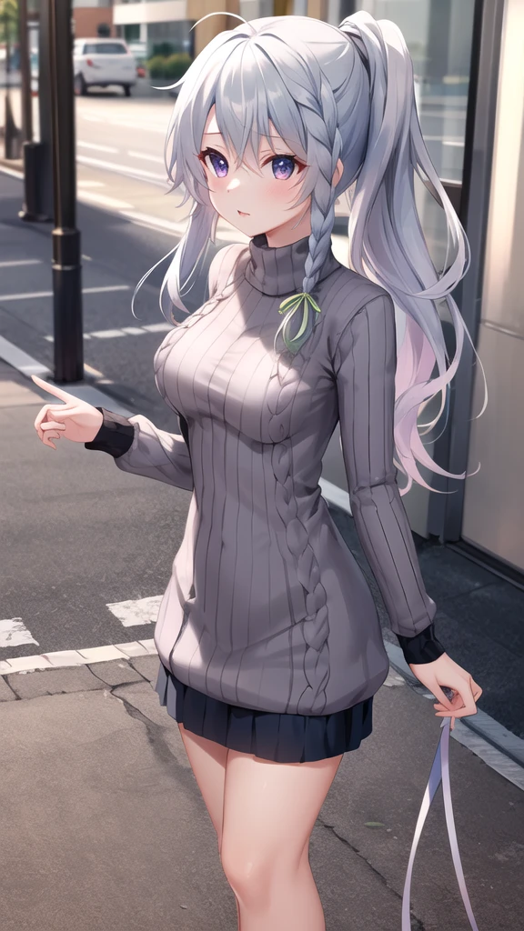 masterpiece, best quality, highres, aasora, braid, long hair, side ponytail, hair ribbon, (sweater dress:1.1), virgin killer sweater, ribbed sweater, turtleneck, street, standing, cowboy shot