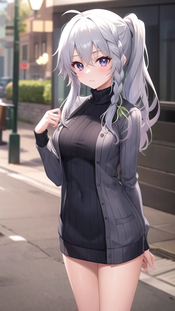 masterpiece, best quality, highres, aasora, braid, long hair, side ponytail, hair ribbon, (sweater dress:1.1), virgin killer sweater, ribbed sweater, turtleneck, street, standing, cowboy shot