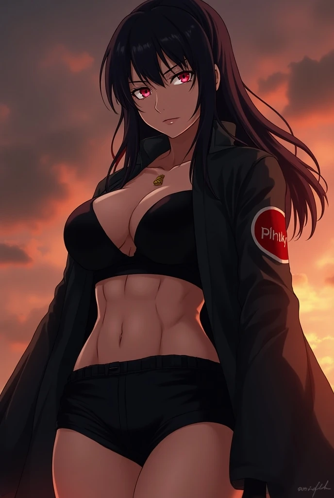 Tamaki Kotatsu from Fire Force, a beautiful girl (model-like appearance) aged 17-19. She has a slender figure with long legs and a graceful cat-like demeanor. Hairstyle two ponytails on the sides. Above the head there is a fiery halo in the form of cat ears (purple tones). She is dressed in a micro bikini and a black leather jacket. The artwork should capture her in a sensual pose. (best quality, 4k, 8k, highres, masterpiece:1.2), ultra-detailed, (realistic, photorealistic, photo-realistic:1.37), HDR, vivid colors, professional, bokeh, studio lighting Medium: Illustration Additional details: The backdrop depicts a fiery scene with smoke and flames adding intensity to the environment. The overall composition should exude a sense of power and confidence, highlighting Tamaki's beauty and strength. The artwork should emphasize the intricate details of her eyes and lips, showcasing their mesmerizing beauty. The lighting should accentuate her figure, casting soft shadows that enhance her curves and add depth to the overall image. The color palette should reflect the vibrant and fiery nature of the Fire Force series, incorporating shades of red, orange, and yellow. The art style should capture the essence of anime, combining bold linework with dynamic and energetic poses.