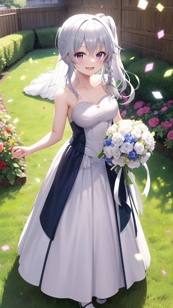 masterpiece, best quality, highres, aasora, braid, long hair, side ponytail, hair ribbon, wedding dress, standing, garden, confetti, holding bouquet, smile, open mouth,